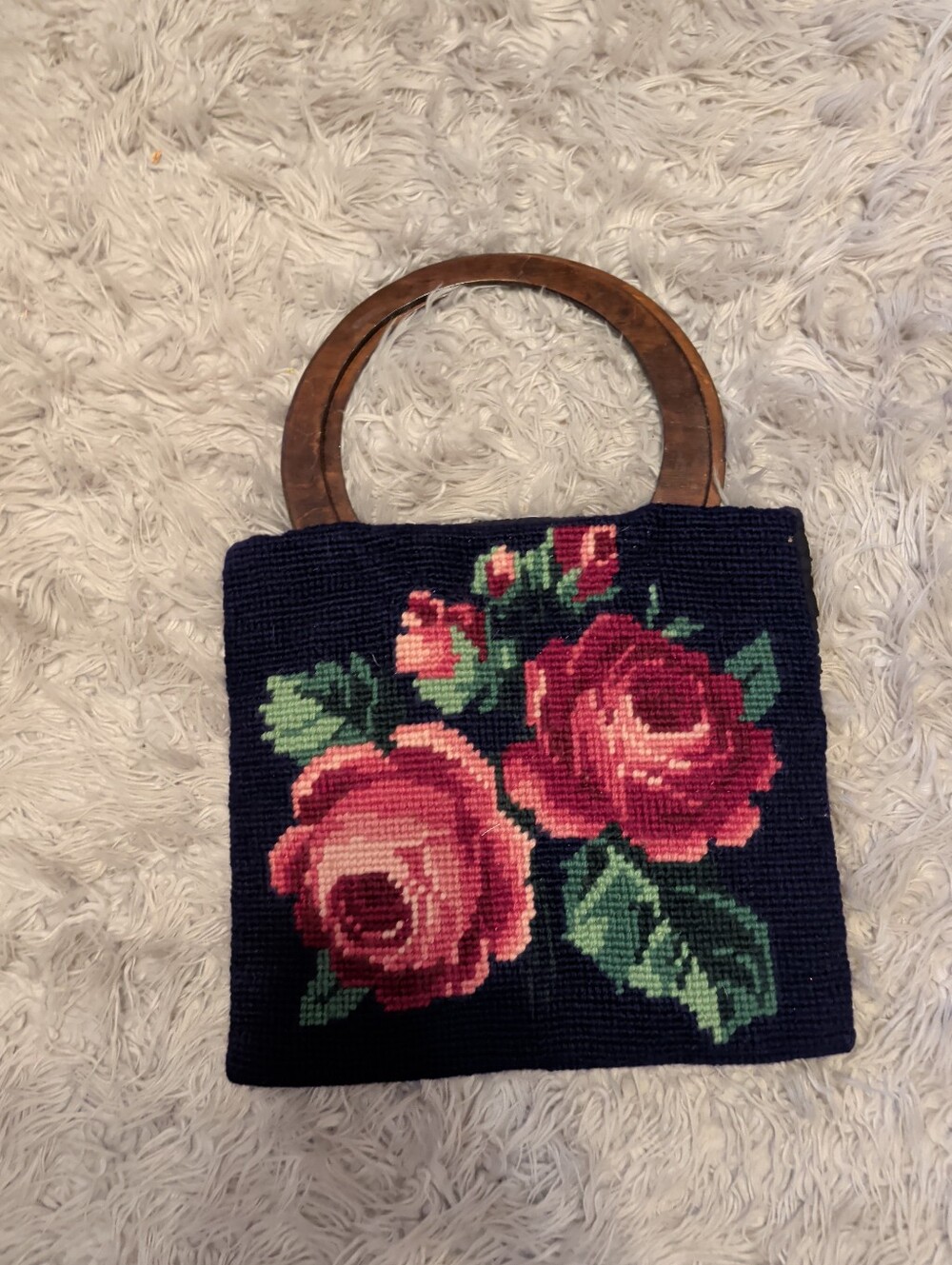 Vintage 1940s Navy Floral Needlepoint Handbag with Wooden Handles